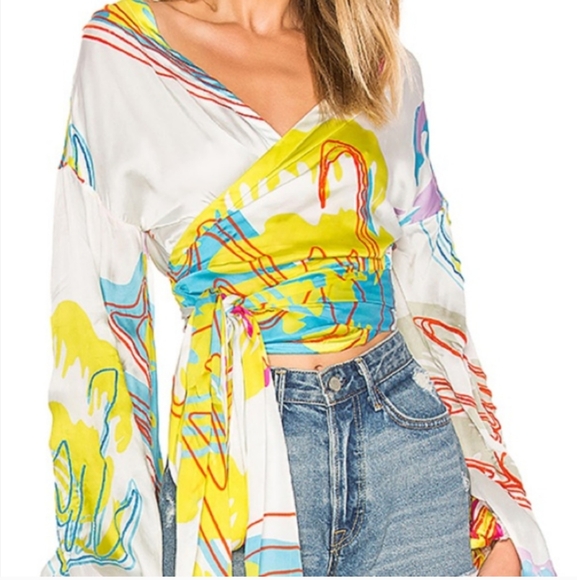 All Things Mochi Tops - All Things Mochi Kylie Top Blouse Bubble sleeve Satin Colorful Wrap M